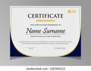 Certificate of appreciation template, elegant blue and gold diploma certificate template, clean modern certificate . certificate border template with luxury vector illustration