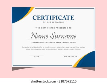 Plantilla de certificado de apreciación, plantilla de certificado de diploma elegante en azul y oro, certificado moderno limpio . plantilla de borde de certificado con ilustración vectorial de lujo
