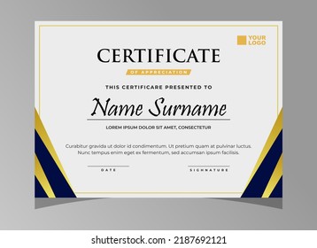 Certificate of appreciation template, elegant blue and gold diploma certificate template, clean modern certificate . certificate border template with luxury vector illustration