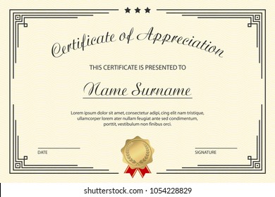 Certificate of appreciation template. Elegant design for vintage diploma with medal and frame. Vector illustration.