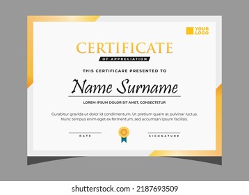 Plantilla de certificado de apreciación, plantilla de certificado de diploma de oro elegante, certificado moderno limpio. plantilla de borde de certificado con ilustración vectorial de lujo