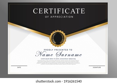 Certificate of appreciation template, gold and Black color. Clean modern certificate with gold badge. Certificate border template with luxury and modern line pattern.