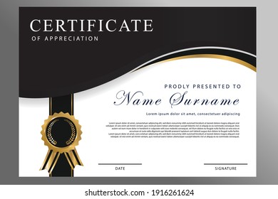 Certificate of appreciation template, gold and Black color. Clean modern certificate with gold badge. Certificate border template with luxury and modern line pattern.