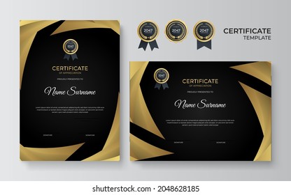 Certificate of appreciation template, gold and black color. Clean modern certificate with golden wave decoration