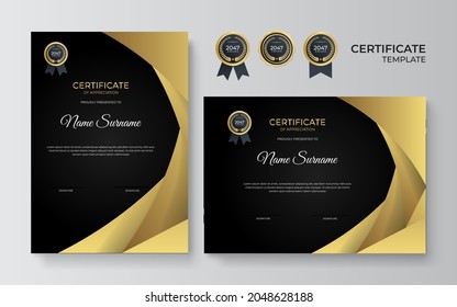 Certificate of appreciation template, gold and black color. Clean modern certificate with golden wave decoration