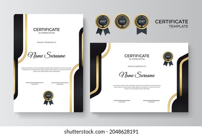 Certificate of appreciation template, gold and black color. Clean modern certificate with gold badge. Certificate border template with luxury and modern line pattern
