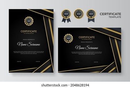 Certificate of appreciation template, gold and black color. Clean modern certificate with gold badge. Certificate border template with luxury and modern line pattern