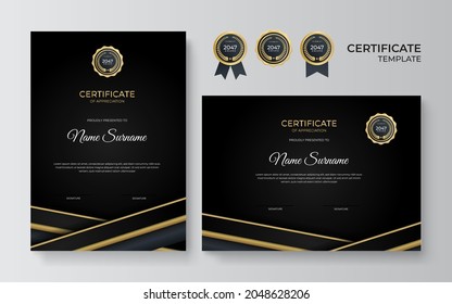 Certificate of appreciation template, gold and black color. Clean modern certificate with gold badge. Certificate border template with luxury and modern line pattern