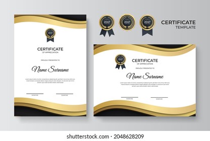 Certificate of appreciation template, gold and black color. Clean modern certificate with gold badge