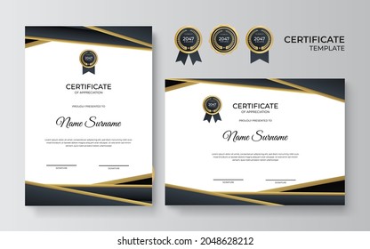 Plantilla de certificado de apreciación, dorado y color negro. Certificado moderno limpio con insignia de oro