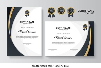 Plantilla de certificado de apreciación, dorado y color negro. Certificado moderno limpio con insignia de oro. Plantilla de borde de certificado con diseño de línea de lujo y moderno. Plantilla vectorial de Diploma