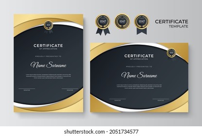 Certificate of appreciation template, gold and black color. Clean modern certificate with gold badge. Certificate border template with luxury and modern line pattern. Diploma vector template