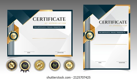 Plantilla de certificado de apreciación, dorado y color negro. Certificado moderno limpio con insignia de oro. Plantilla de borde de certificado con diseño de línea de lujo y moderno. Plantilla vectorial de diploma. 