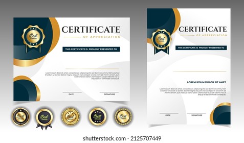 Certificate of appreciation template, gold and black color. Clean modern certificate with gold badge. Certificate border template with luxury and modern line pattern. Diploma vector template. 