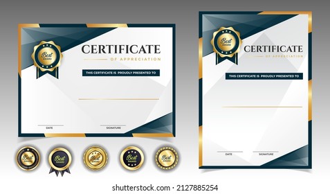 Certificate of appreciation template, gold and black color. Clean modern certificate with gold badge. Certificate border template with luxury and modern line pattern. Diploma vector template. 