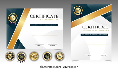 Certificate of appreciation template, gold and black color. Clean modern certificate with gold badge. Certificate border template with luxury and modern line pattern. Diploma vector template. 