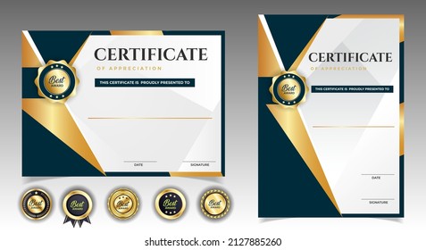 Certificate of appreciation template, gold and black color. Clean modern certificate with gold badge. Certificate border template with luxury and modern line pattern. Diploma vector template. 