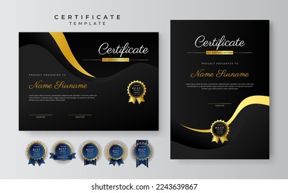 Certificate of appreciation template, gold and black color. Clean modern certificate with gold badge. Certificate border template with luxury and modern line pattern. Diploma vector template