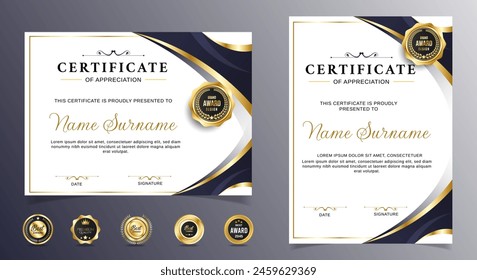 Certificate of appreciation template, gold and black color. Clean modern certificate with gold badge. Certificate border template with luxury and modern line pattern. Diploma vector template