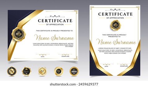 Certificate of appreciation template, gold and black color. Clean modern certificate with gold badge. Certificate border template with luxury and modern line pattern. Diploma vector template