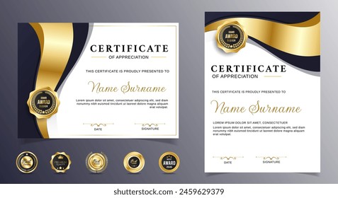 Certificate of appreciation template, gold and black color. Clean modern certificate with gold badge. Certificate border template with luxury and modern line pattern. Diploma vector template