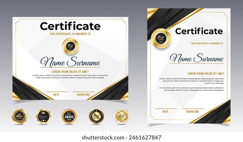 Certificate of appreciation template, gold and black color. Clean modern certificate with gold badge. Certificate border template with luxury and modern line pattern. Diploma vector template