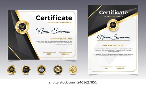 Certificate of appreciation template, gold and black color. Clean modern certificate with gold badge. Certificate border template with luxury and modern line pattern. Diploma vector template