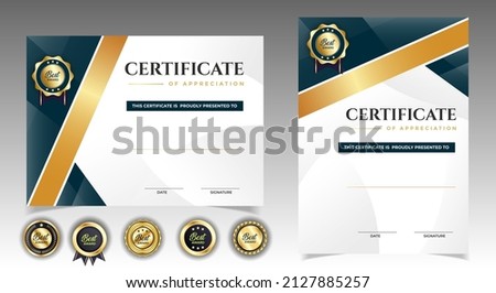 Certificate of appreciation template, gold and black color. Clean modern certificate with gold badge. Certificate border template with luxury and modern line pattern. Diploma vector template. 