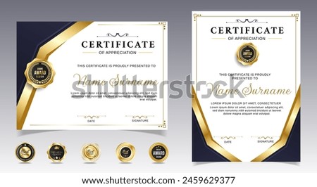 Certificate of appreciation template, gold and black color. Clean modern certificate with gold badge. Certificate border template with luxury and modern line pattern. Diploma vector template