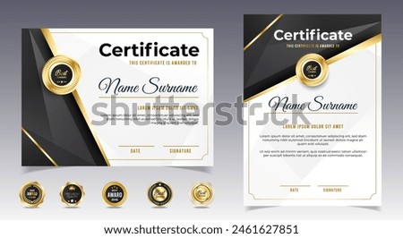Certificate of appreciation template, gold and black color. Clean modern certificate with gold badge. Certificate border template with luxury and modern line pattern. Diploma vector template