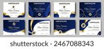 Certificate of appreciation template, gold and blue color. Clean modern certificate with gold badge. Certificate border template with luxury and modern line pattern. Diploma vector template