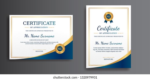 Certificate of appreciation template, gold and blue color. Clean modern certificate with gold badge. Certificate template with luxury and modern pattern. Diploma vector template