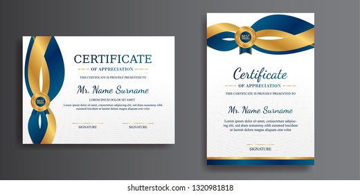 Certificate of appreciation template, gold and blue color. Clean modern certificate with gold badge. Certificate template with luxury and modern line pattern. Diploma vector template