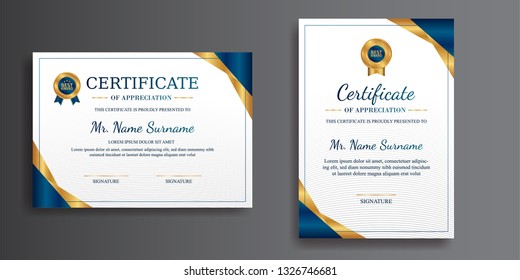 Certificate of appreciation template, gold and blue color. Clean modern certificate with gold badge. Certificate template with luxury and modern line pattern. Diploma vector template. Eps10