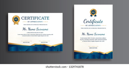 Certificate of appreciation template, gold and blue color. Clean modern certificate with gold badge. Certificate border template with luxury and modern line pattern. Diploma vector template