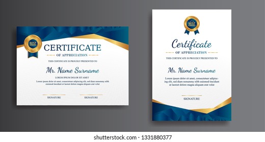 Certificate of appreciation template, gold and blue color. Clean modern certificate with gold badge. Certificate border template with luxury and modern line pattern. Diploma vector template