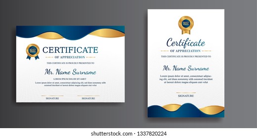 Certificate of appreciation template, gold and blue color. Clean modern certificate with gold badge. Certificate border template with luxury and modern line pattern. Diploma vector template