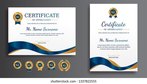 Certificate of appreciation template, gold and blue color. Clean modern certificate with gold badge. Certificate border template with luxury and modern line pattern. Diploma vector template