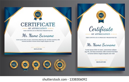 Certificate of appreciation template, gold and blue color. Clean modern certificate with gold badge. Certificate border template with luxury and modern line pattern. Diploma vector template