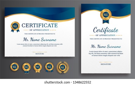 Certificate of appreciation template, gold and blue color. Clean modern certificate with gold badge. Certificate border template with luxury and modern line pattern. Diploma vector template