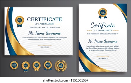 Certificate of appreciation template, gold and blue color. Clean modern certificate with gold badge. Certificate border template with luxury and modern line pattern. Diploma vector template