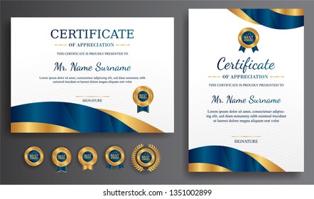 Certificate of appreciation template, gold and blue color. Clean modern certificate with gold badge. Certificate border template with luxury and modern line pattern. Diploma vector template