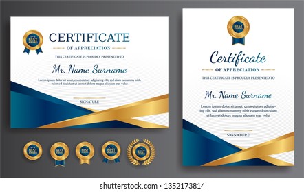 Certificate of appreciation template, gold and blue color. Clean modern certificate with gold badge. Certificate border template with luxury and modern line pattern. Diploma vector template