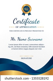 Certificate of appreciation template, gold and blue color. Clean modern certificate with gold badge. Vertical certificate border template with luxury and modern line pattern. Diploma vector template