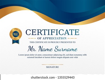 Certificate of appreciation template, gold and blue color. Clean modern certificate with gold badge. Horizontal certificate border template with luxury and modern line pattern. Diploma vector template