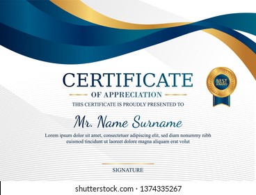 Certificate of appreciation template, gold and blue color. Clean modern certificate with gold badge. Horizontal certificate border template with luxury and modern line pattern. Diploma vector template