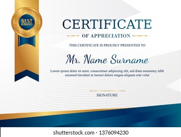 Certificate of appreciation template, gold and blue color. Clean modern certificate with gold badge. Horizontal certificate border template with luxury and modern line pattern. Diploma vector template