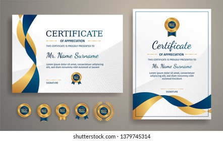 Certificate of appreciation template, gold and blue color. Clean modern certificate with gold badge. Certificate border template with luxury and modern line pattern. Diploma vector template