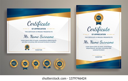 Certificate of appreciation template, gold and blue color. Clean modern certificate with gold badge. Certificate border template with luxury and modern line pattern. Diploma vector template