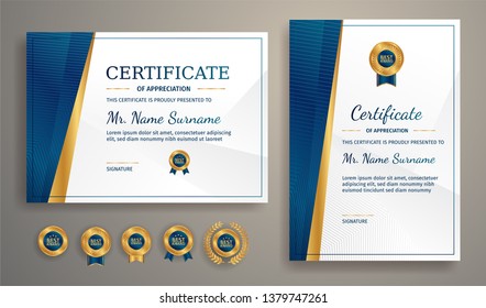 Certificate of appreciation template, gold and blue color. Clean modern certificate with gold badge. Certificate border template with luxury and modern line pattern. Diploma vector template